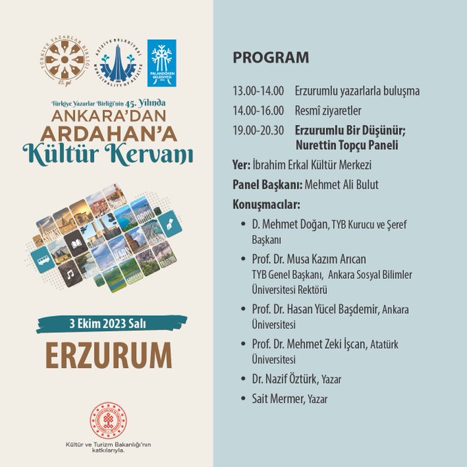 Kültür Kervanında üçüncü günün programı 3 Ekim 2023 Salı günü Erzurum'da yapılacak.