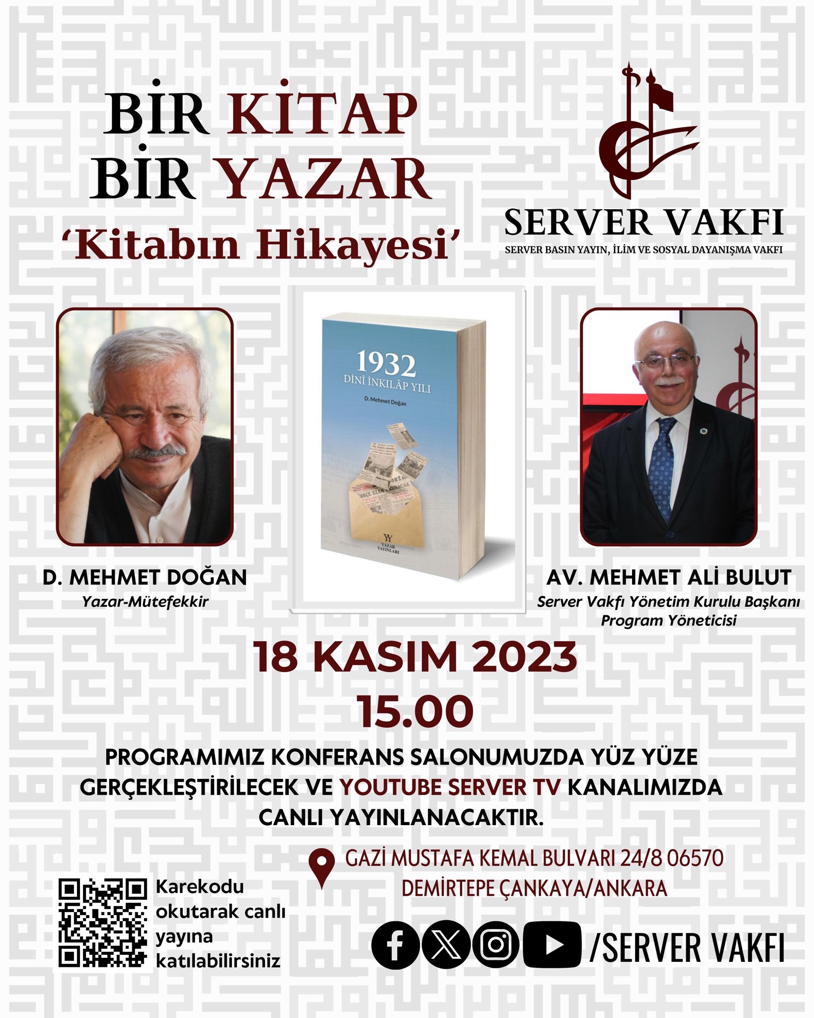 D. Mehmet Doğan Server Vakfı’nda “1932 Dini İnkılâp Yılı”nı anlatacak