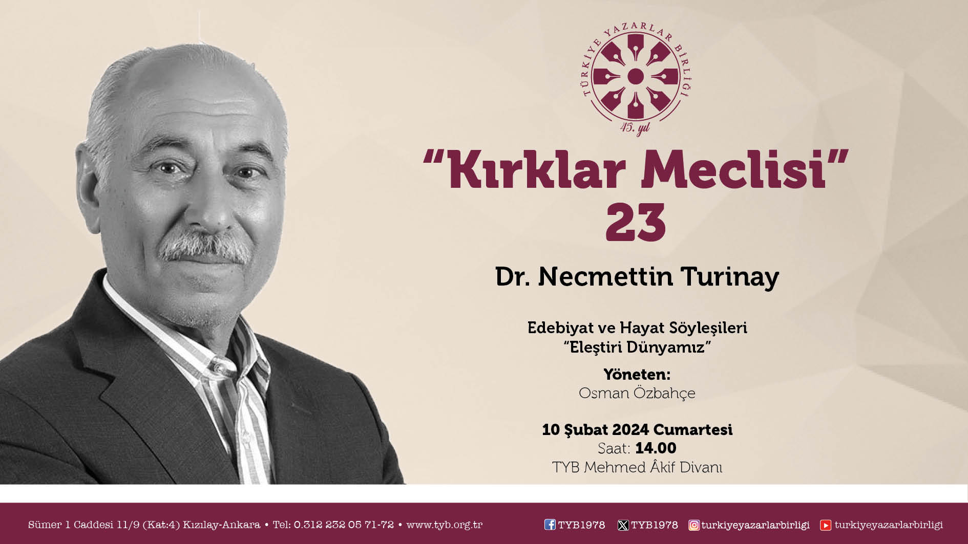 Yazar  Necmettin Turinay “Kırklar Meclisi”nde konuşacak