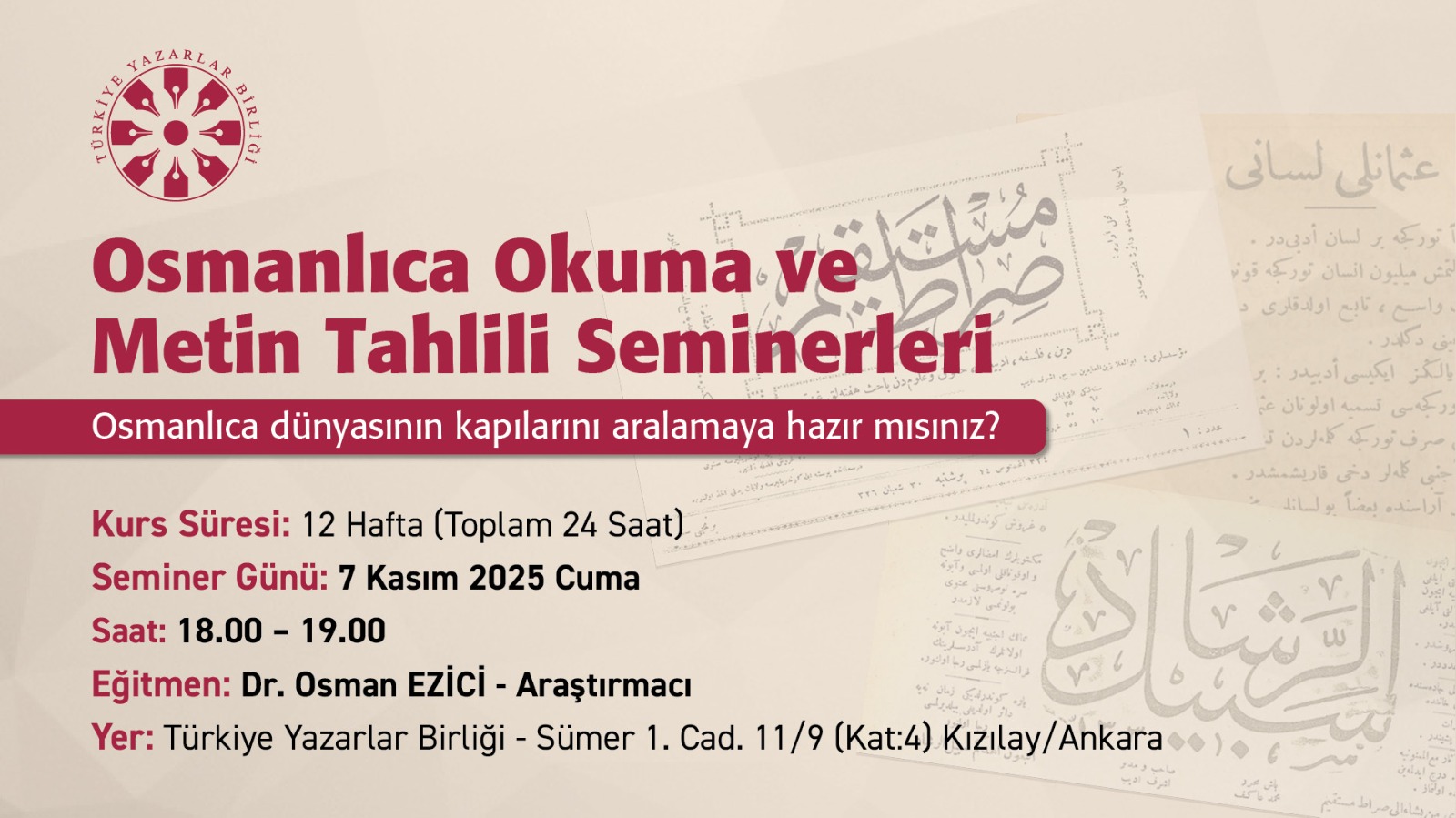 TYB’de Osmanlıca Kursu başlıyor