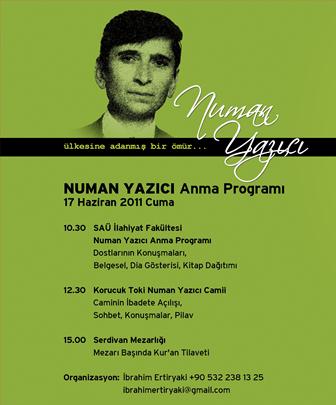 17 Haziran'da Numan Yazıcı'ya Anma Programı