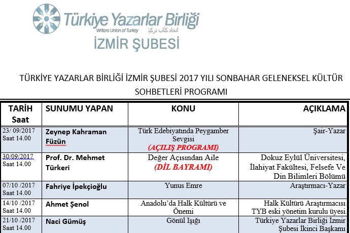 İzmir Şubesi 2017 Yılı Sonbahar Geleneksel Kültür Sohbetleri Programı